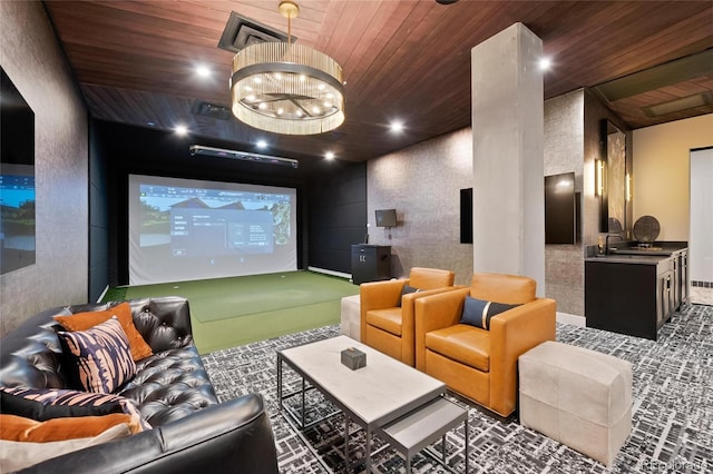 home theater room featuring golf simulator, carpet, and wooden ceiling