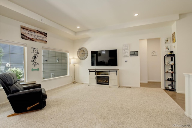 6717 Golden Briar Ln, Colorado Springs, CO 80927 - carpeted living room with recessed lighting, a fireplace, and baseboards