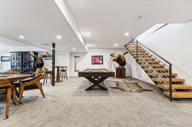 playroom featuring light carpet and billiards