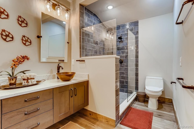 bathroom featuring toilet, wood finished floors, a walk in shower, and vanity