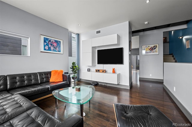 2539 Lawrence St, Denver, CO 80205 - living area featuring wood finished floors, recessed lighting, and stairs