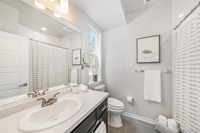 full bath featuring tile patterned flooring, vanity, toilet, baseboards, and curtained shower