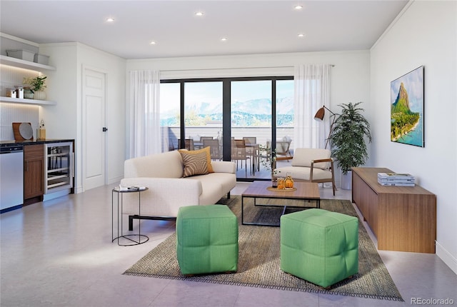 living area with beverage cooler, crown molding, recessed lighting, a dry bar, and baseboards