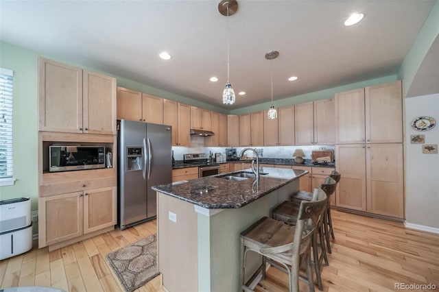 kitchen with a sink, light wood finished floors, under cabinet range hood, light brown cabinets, and stainless steel appliances