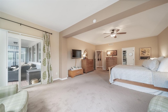 bedroom featuring visible vents, access to exterior, baseboards, ceiling fan, and carpet