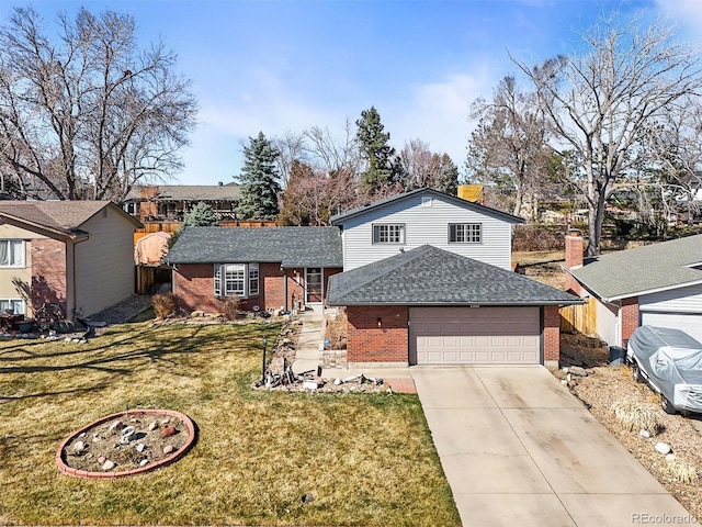 view of front of home featuring a front lawn, concrete driveway, an attached garage, a shingled roof, and brick siding