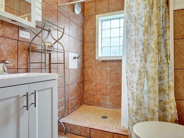 675 S Quivas St, Denver, CO 80223 - full bathroom with toilet, a tile shower, and vanity