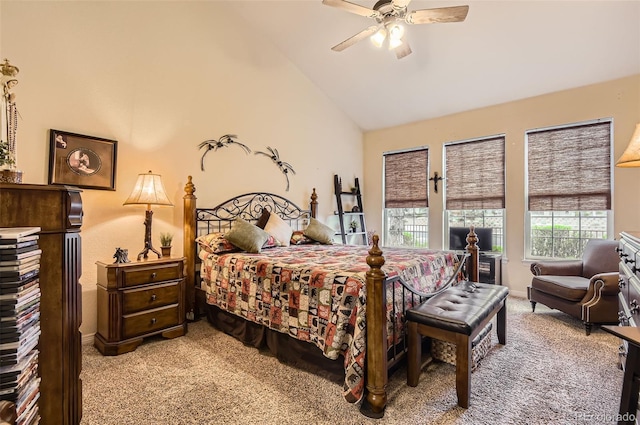 bedroom with carpet, high vaulted ceiling, and a ceiling fan