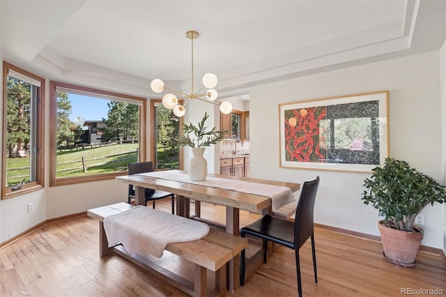31402 N Bermuda Dunes Dr, Evergreen, CO 80439 - dining space with light wood-style floors, a tray ceiling, and a chandelier