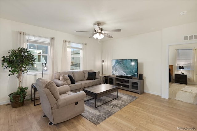 living room featuring ceiling fan and light hardwood / wood-style flooring