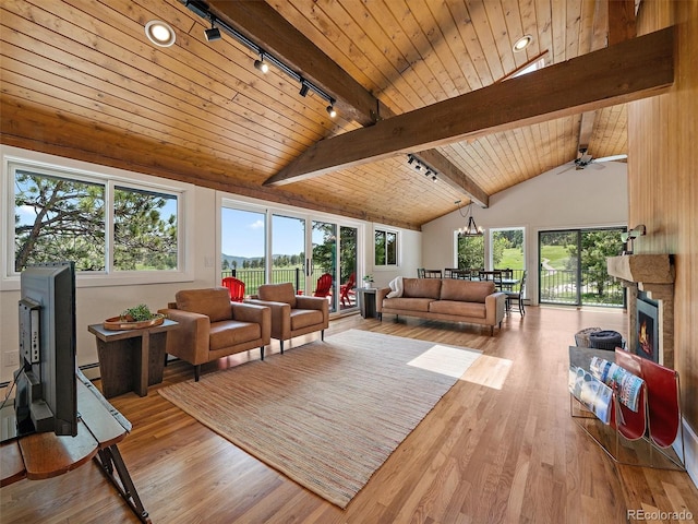 31756 Buffalo Park Rd, Evergreen, CO 80439 - living area with rail lighting, wood ceiling with exposed beams, wood finished floors, a large fireplace, and a ceiling fan