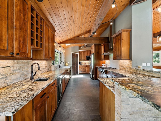 31756 Buffalo Park Rd, Evergreen, CO 80439 - kitchen featuring a sink, wood ceiling, appliances with stainless steel finishes, light stone countertops, and brown cabinets