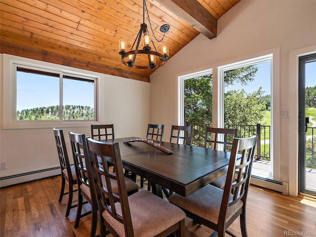 31756 Buffalo Park Rd, Evergreen, CO 80439 - dining area featuring wood ceiling, a baseboard heating unit, a chandelier, and wood finished floors