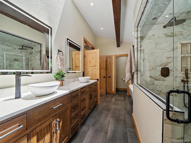31756 Buffalo Park Rd, Evergreen, CO 80439 - bathroom featuring a shower stall, double vanity, wood finished floors, baseboards, and recessed lighting