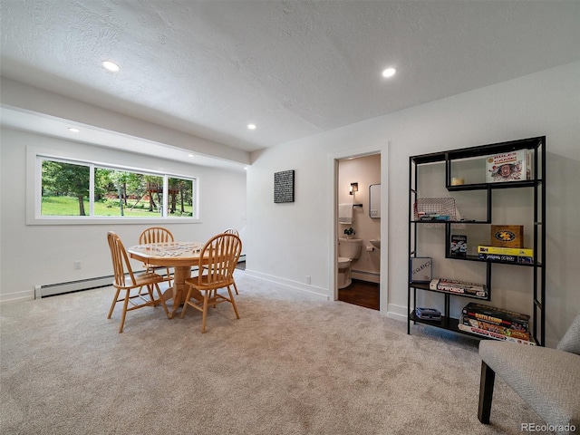 31756 Buffalo Park Rd, Evergreen, CO 80439 - dining room featuring carpet flooring, recessed lighting, baseboards, a textured ceiling, and a baseboard radiator