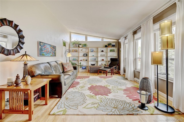 living area with vaulted ceiling and wood finished floors