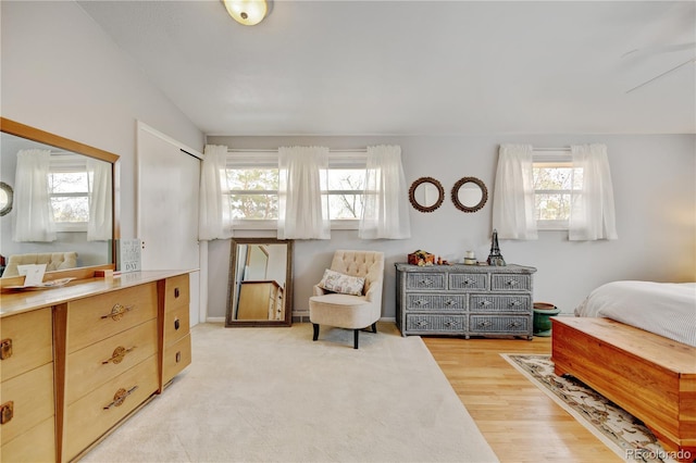 bedroom with multiple windows and light wood-style flooring
