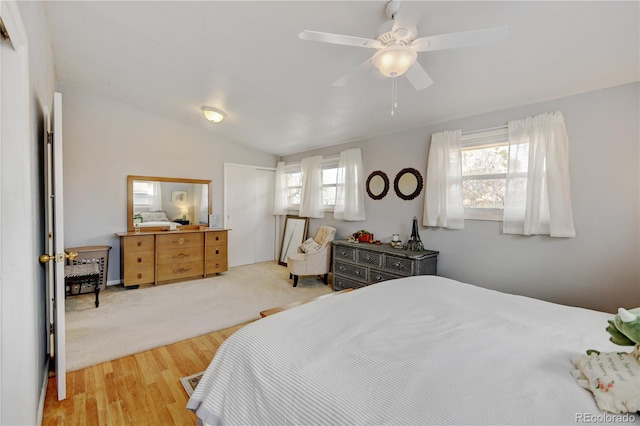 bedroom with wood finished floors, ceiling fan, and a closet