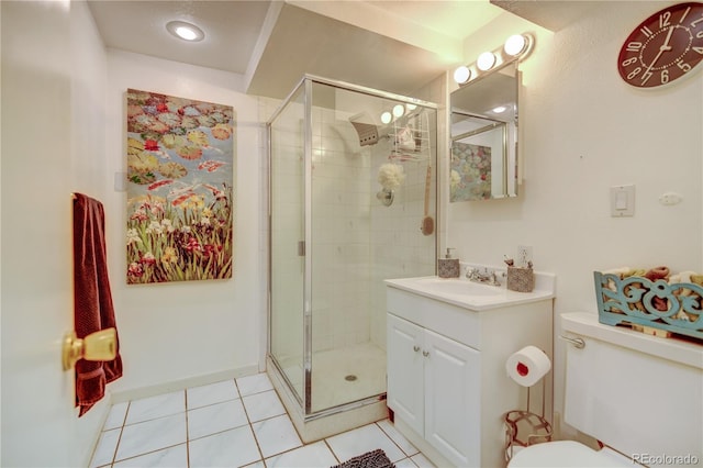 full bath featuring a shower stall, vanity, toilet, and tile patterned floors