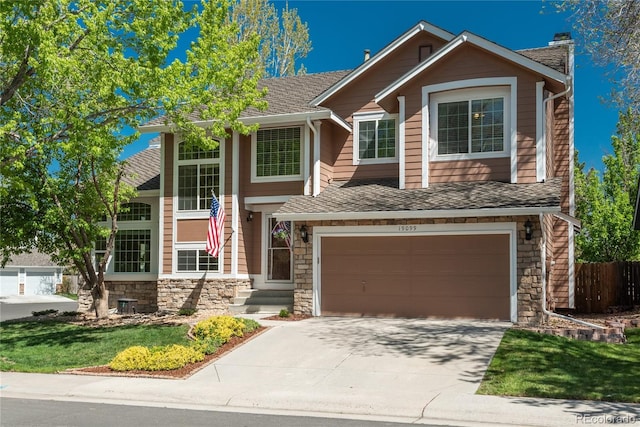 view of front of property featuring stone siding, driveway, an attached garage, a chimney, and a shingled roof