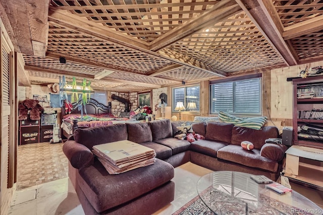 living room featuring wood walls