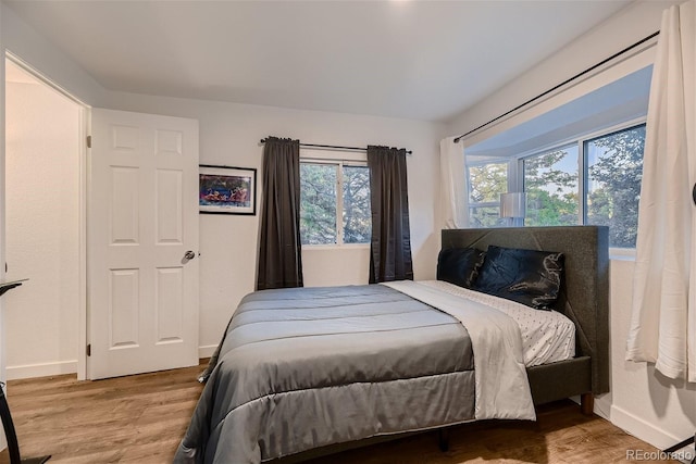 bedroom featuring multiple windows and light hardwood / wood-style flooring