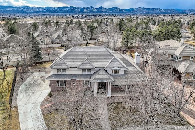 aerial view featuring a residential view and a mountain view