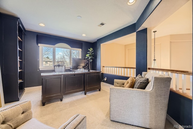 office with light carpet, recessed lighting, visible vents, and baseboards