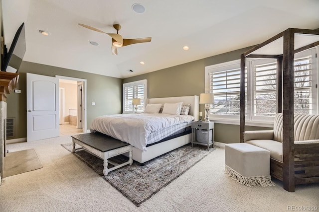 6790 W Crestline Ave, Littleton, CO 80123 - bedroom with baseboards, light carpet, ensuite bathroom, vaulted ceiling, and recessed lighting