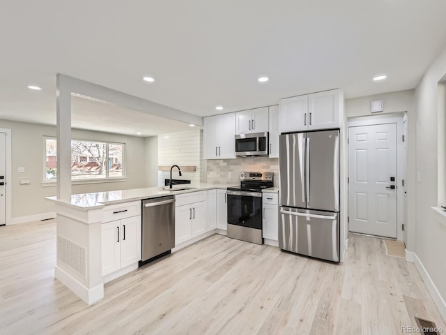 kitchen with kitchen peninsula, light wood-type flooring, stainless steel appliances, sink, and white cabinetry