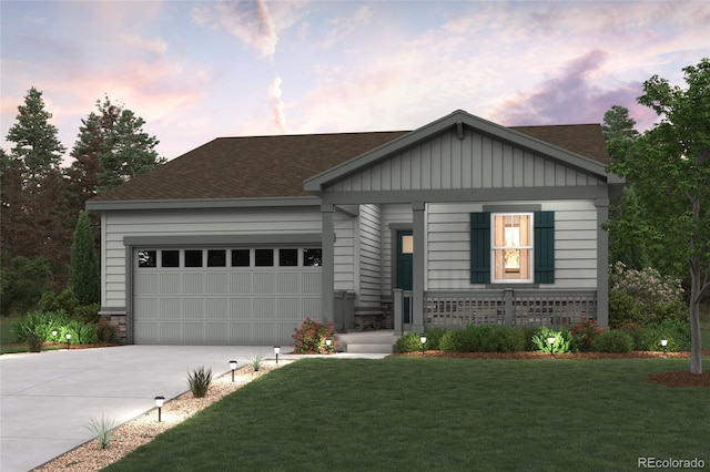 25023 N 34th Ave, Aurora, CO 80019 - view of front facade featuring a lawn, board and batten siding, an attached garage, a shingled roof, and concrete driveway