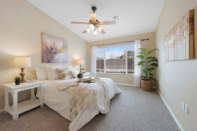 bedroom featuring ceiling fan, vaulted ceiling, and carpet