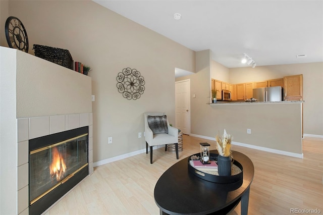 living room featuring light hardwood / wood-style flooring and a fireplace