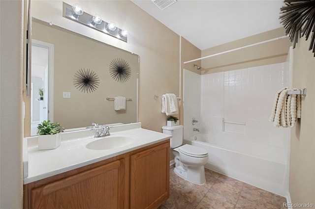 full bathroom with shower / washtub combination, vanity, toilet, and visible vents