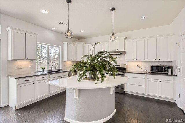 5010 Eaglewood Ln, Johnstown, CO 80534 - kitchen featuring stainless steel appliances, white cabinetry, under cabinet range hood, backsplash, and recessed lighting