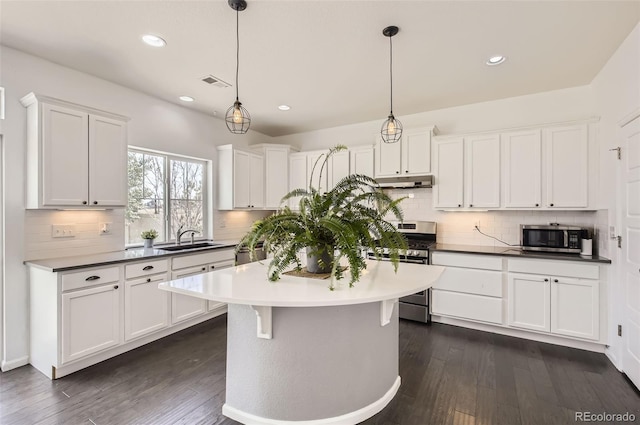 5010 Eaglewood Ln, Johnstown, CO 80534 - kitchen featuring stainless steel appliances, white cabinetry, under cabinet range hood, backsplash, and recessed lighting