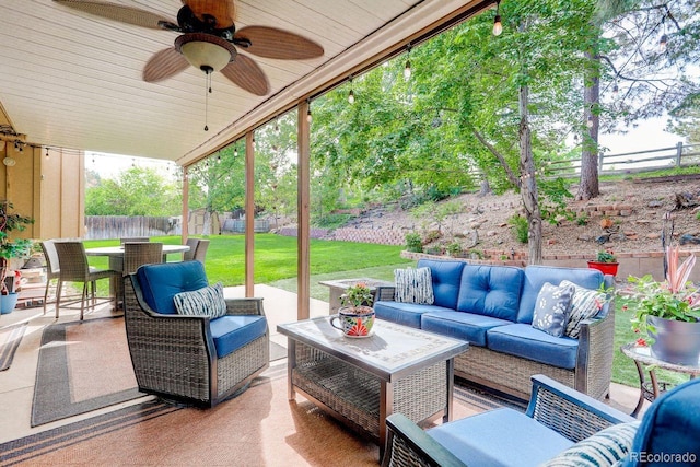 8866 E Easter Ave, Centennial, CO 80112 - view of patio / terrace with an outdoor hangout area, ceiling fan, and an outbuilding