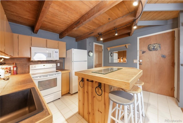 kitchen with sink, tasteful backsplash, wooden ceiling, white appliances, and beam ceiling