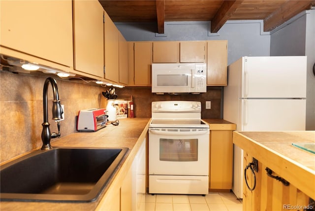 kitchen with sink, wood ceiling, white appliances, tasteful backsplash, and beamed ceiling