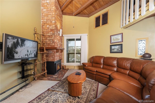 carpeted living room featuring a towering ceiling, a fireplace, beamed ceiling, baseboard heating, and wooden ceiling