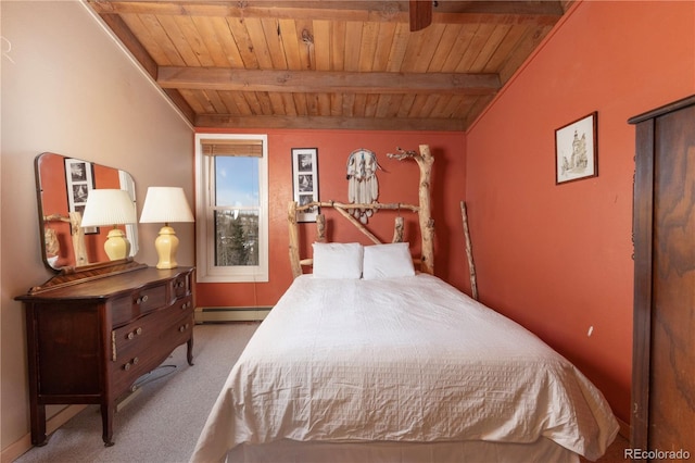 carpeted bedroom featuring wood ceiling, a baseboard heating unit, and beam ceiling