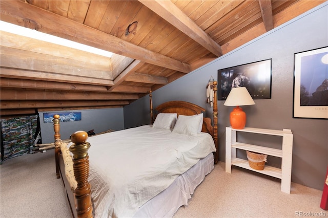 carpeted bedroom featuring lofted ceiling with beams and wooden ceiling