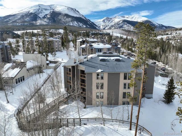 snowy aerial view featuring a mountain view