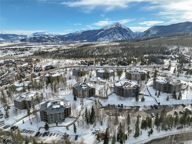 snowy aerial view featuring a mountain view