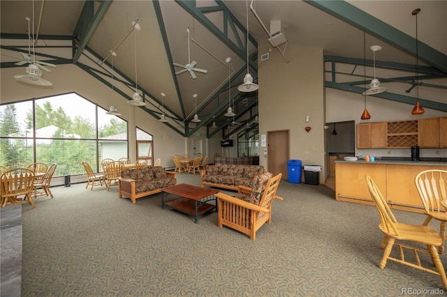 carpeted living room featuring beamed ceiling, high vaulted ceiling, and ceiling fan