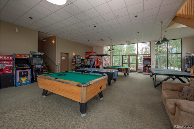 recreation room with expansive windows, pool table, carpet flooring, and a paneled ceiling