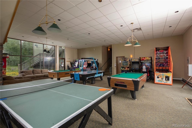 game room with carpet flooring, pool table, and a drop ceiling