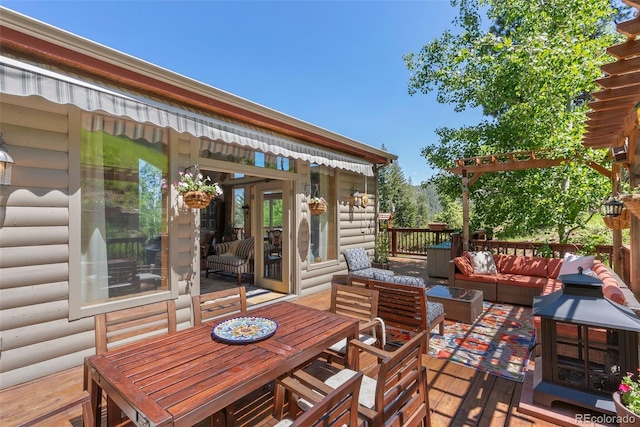 32209 Blue Springs Dr, Evergreen, CO 80439 - wooden terrace featuring an outdoor hangout area and outdoor dining area