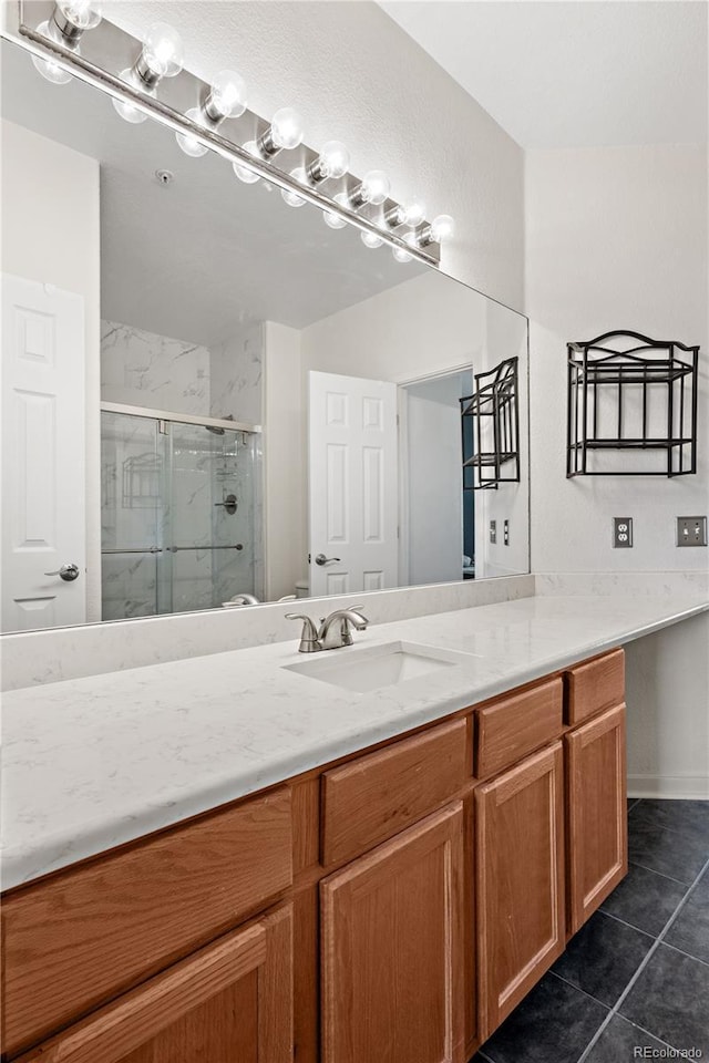 8944 Fox Dr Unit 6-103, Denver, CO 80260 - bathroom with a shower stall, vanity, and tile patterned flooring