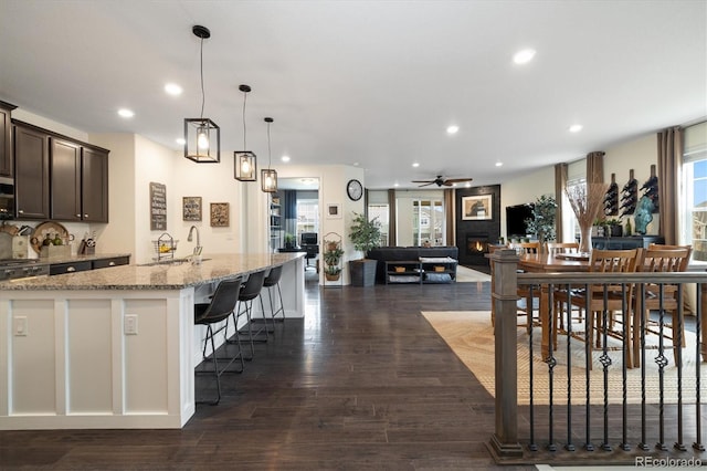 kitchen with a large fireplace, dark brown cabinets, dark wood finished floors, and a healthy amount of sunlight